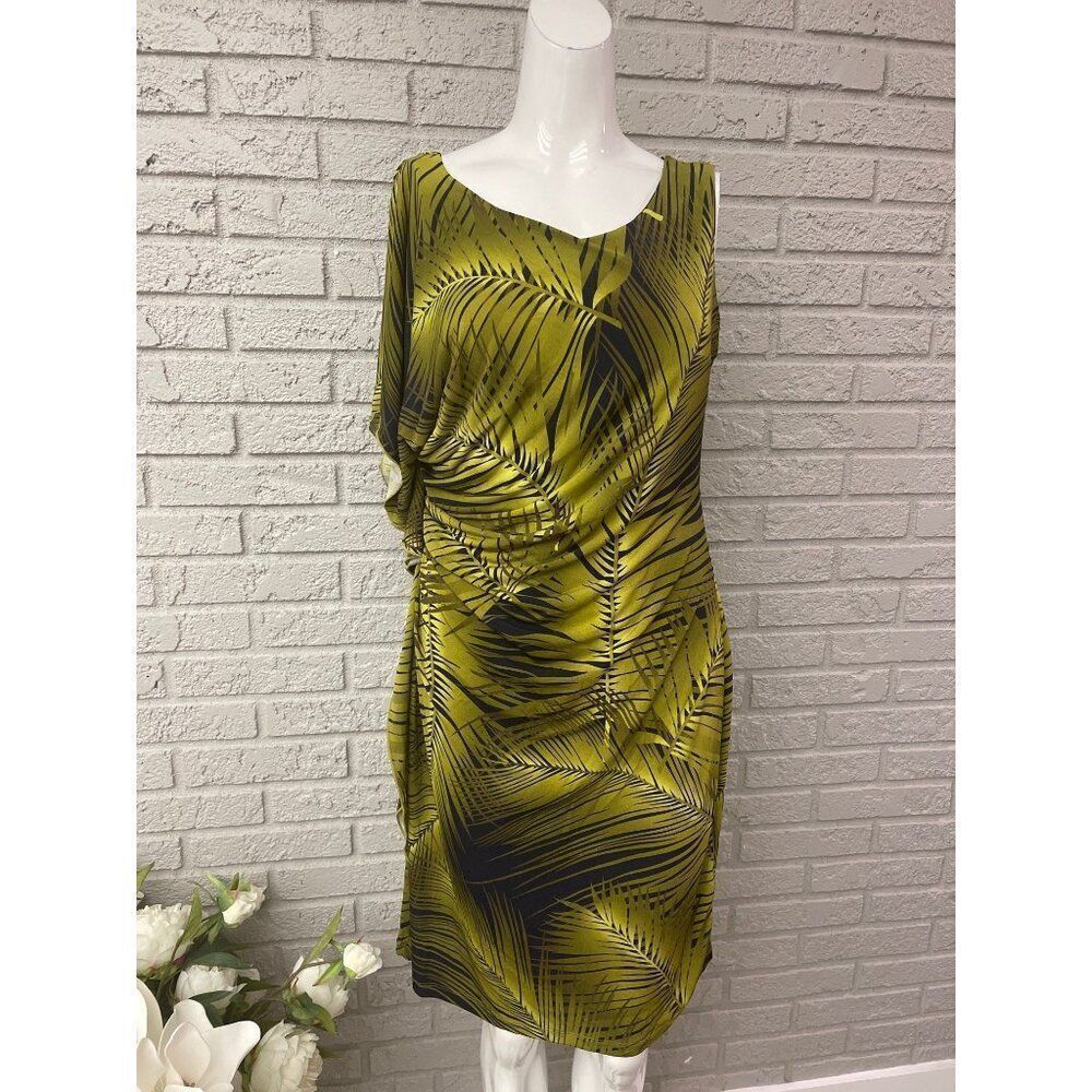 Enfocus Studio Women Green Palm Print Side Ruffle Shift Dress Size 12 NWT
